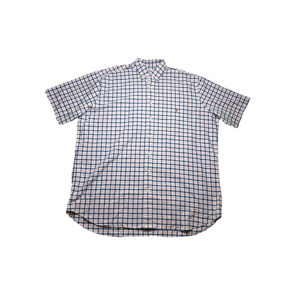 Polo Ralph Lauren Button Down Shirt Mens 2XLT Blue Pink Plaid Short Sleeve Prep
